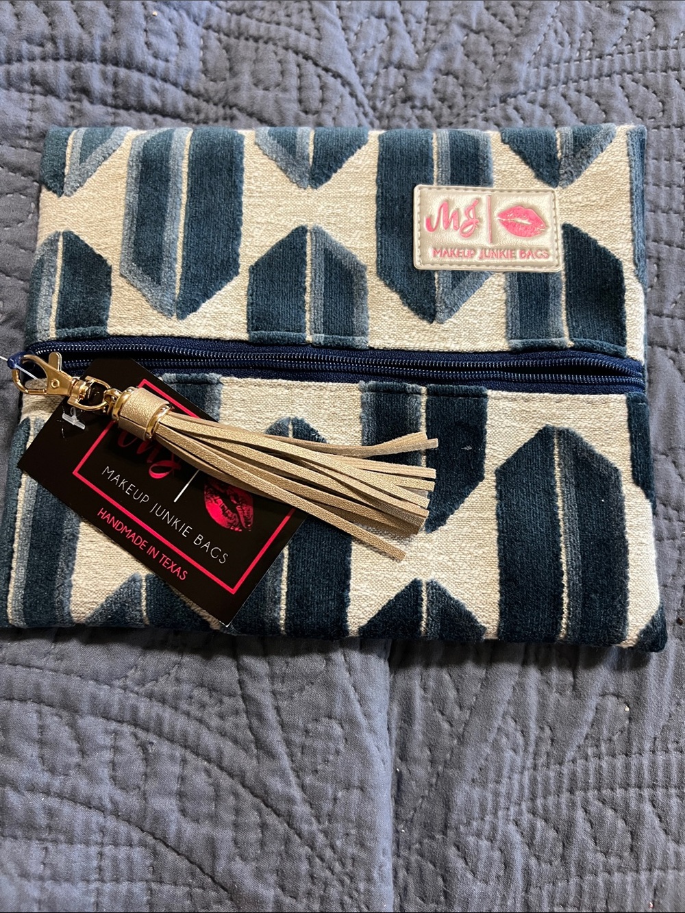 Makeup Junkie  Small Bags Navy and Gray Geometric Cosmetic Clutch